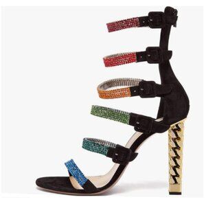 FSJ Rome Gold Metal Chain Chunky High Heels Ankle Strap Sandals Open Toe Shoes